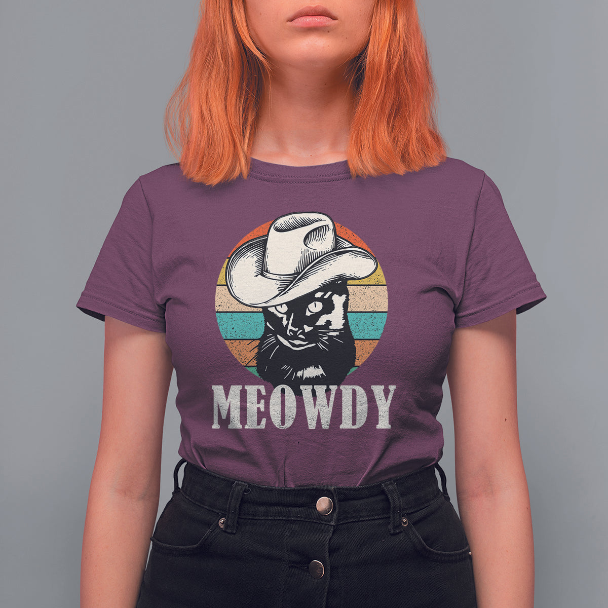 Cat Lover T Shirt For Women Meowdy Funny Howdy Retro Vintage Cowboy Hat - Wonder Print Shop