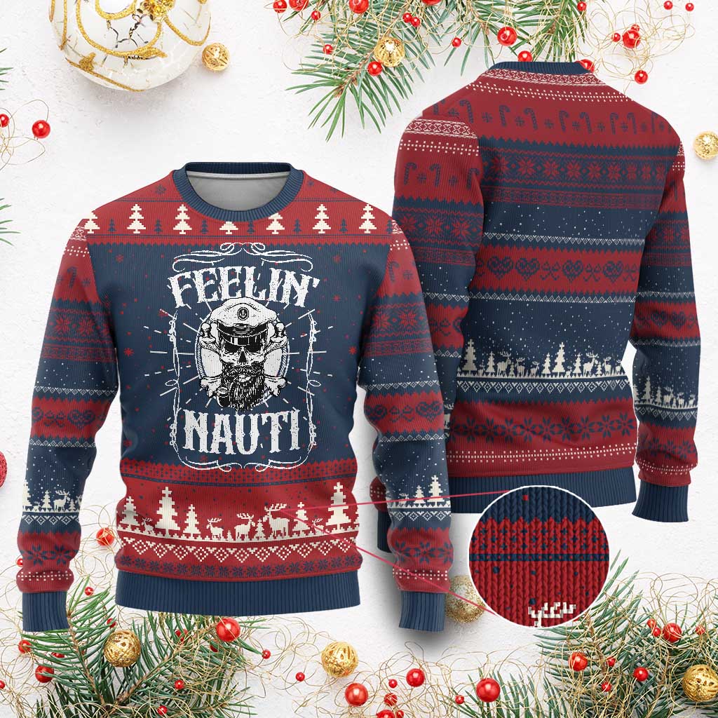 Funny Feelin Nauti Knitted Sweatshirt Boat Captain Pontoon Sailing Sailor Skull - Wonder Print Shop