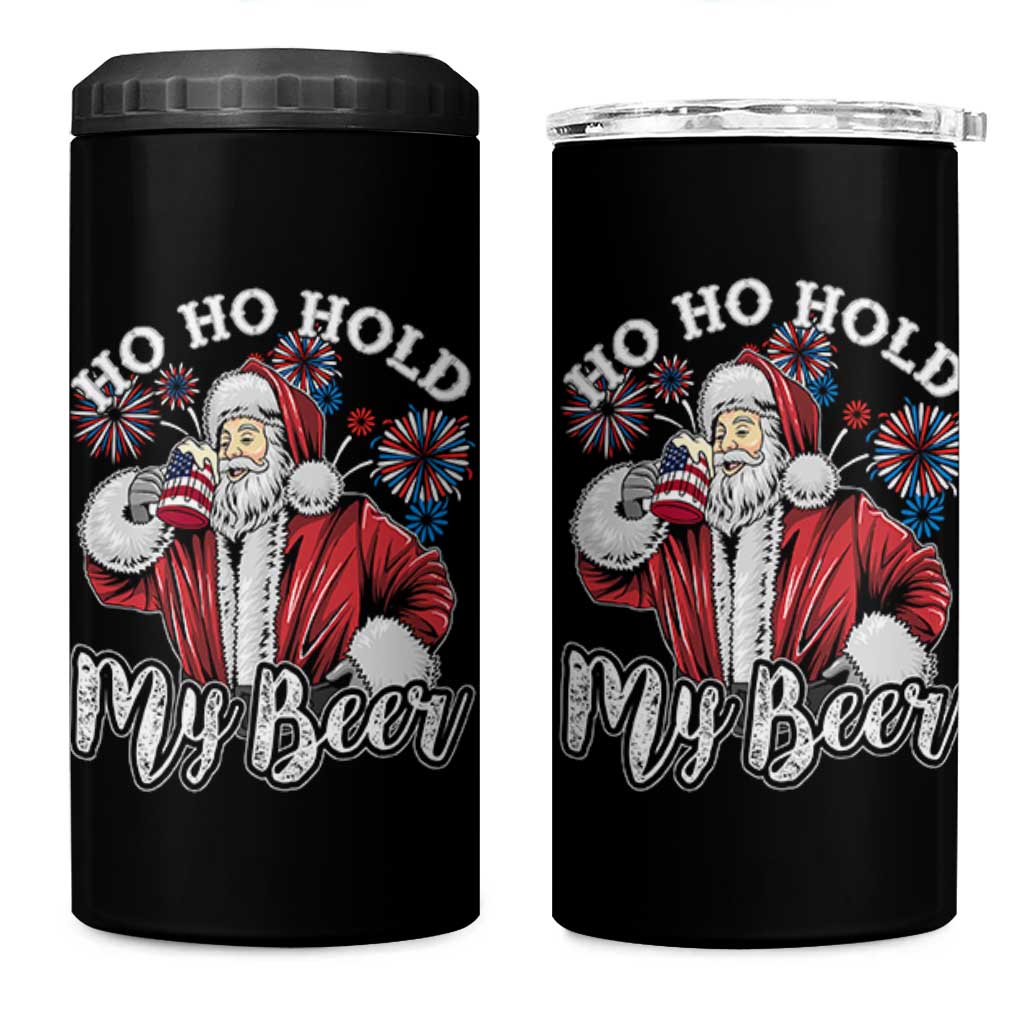 Christmas In July 4 in 1 Can Cooler Tumbler Ho Ho Hold My Beer Summer Santa USA Flag 4th Of July - Wonder Print Shop