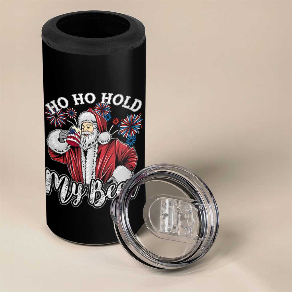 Christmas In July 4 in 1 Can Cooler Tumbler Ho Ho Hold My Beer Summer Santa USA Flag 4th Of July - Wonder Print Shop