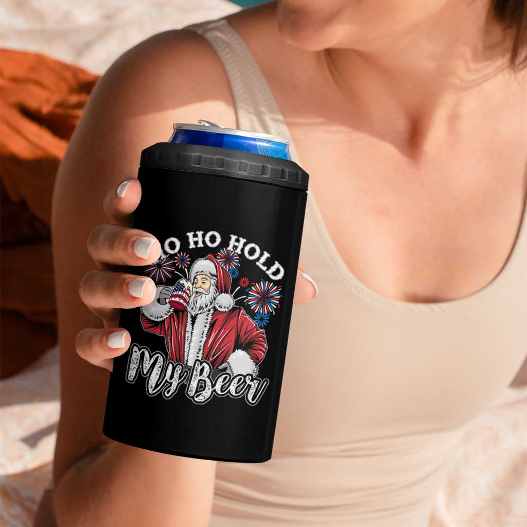 Christmas In July 4 in 1 Can Cooler Tumbler Ho Ho Hold My Beer Summer Santa USA Flag 4th Of July - Wonder Print Shop