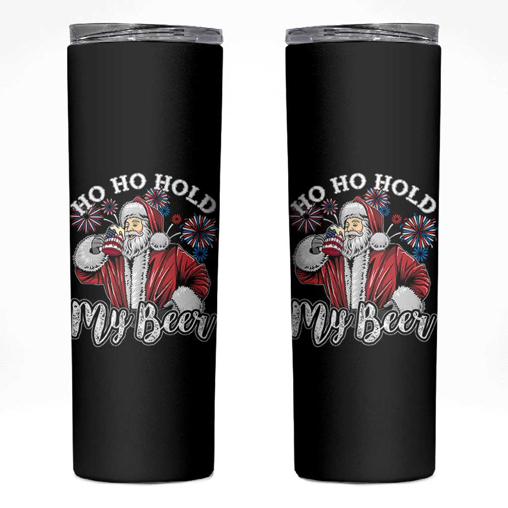 Christmas In July Skinny Tumbler Ho Ho Hold My Beer Summer Santa USA Flag 4th Of July - Wonder Print Shop