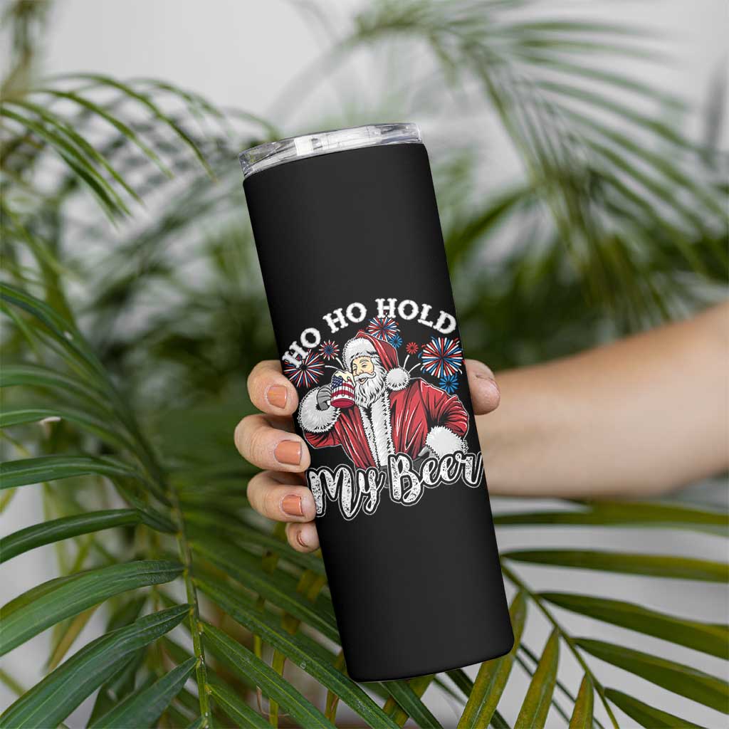 Christmas In July Skinny Tumbler Ho Ho Hold My Beer Summer Santa USA Flag 4th Of July - Wonder Print Shop