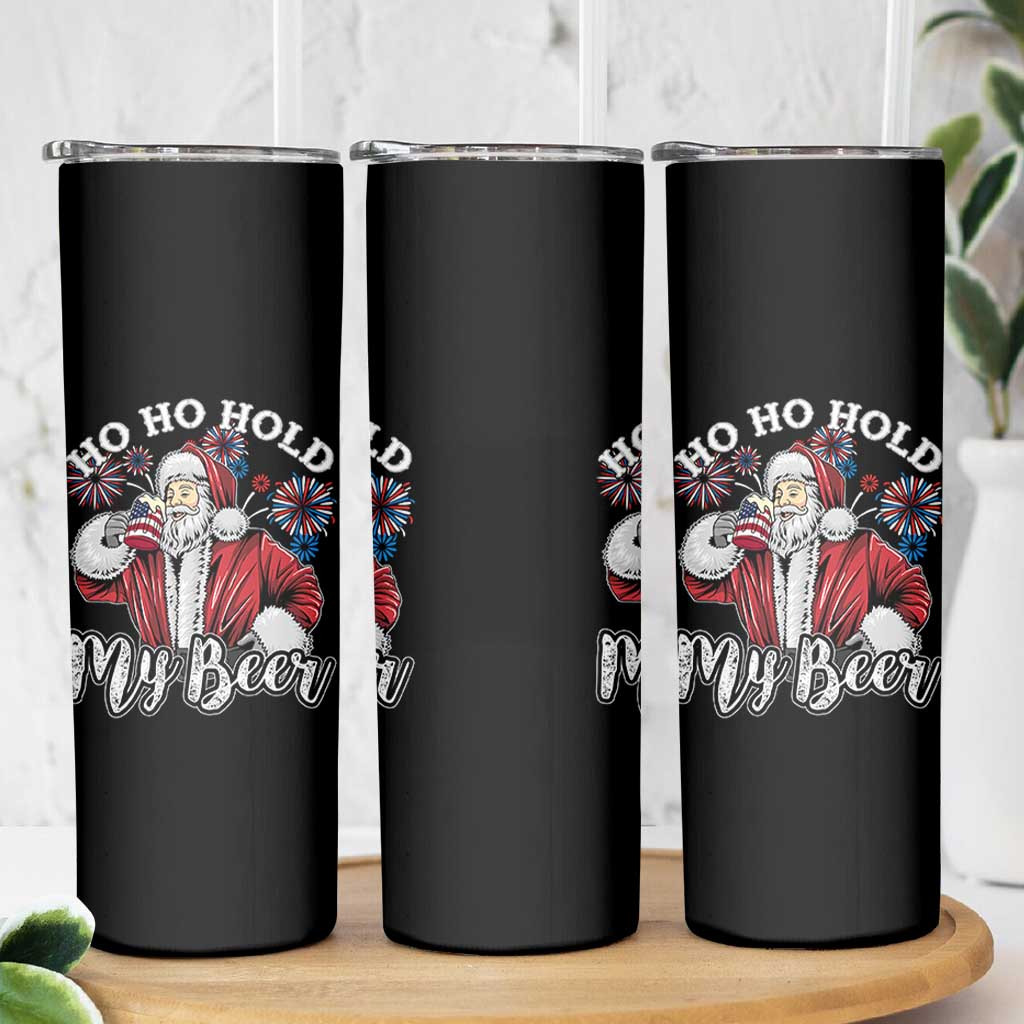 Christmas In July Skinny Tumbler Ho Ho Hold My Beer Summer Santa USA Flag 4th Of July - Wonder Print Shop