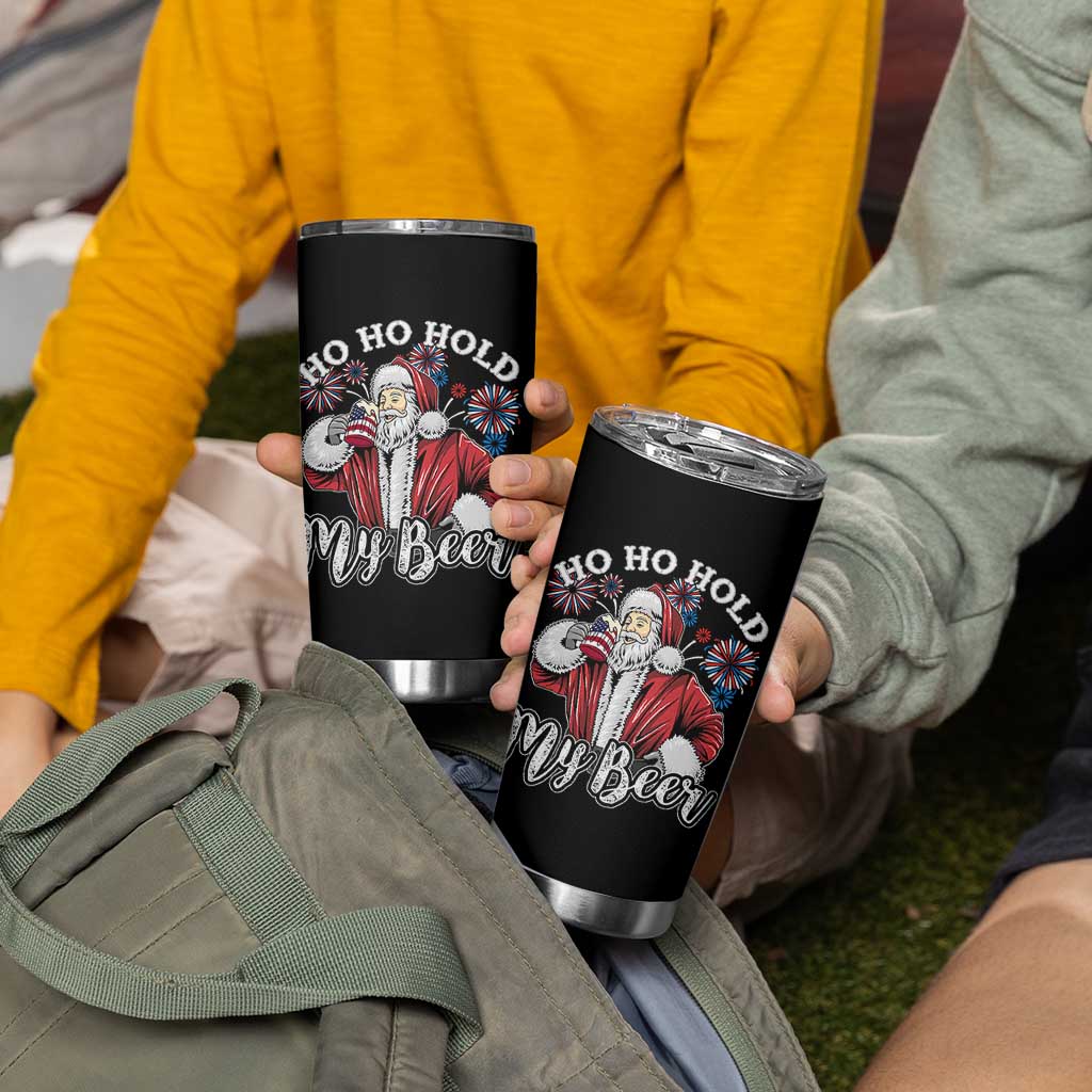 Christmas In July Tumbler Cup Ho Ho Hold My Beer Summer Santa USA Flag 4th Of July - Wonder Print Shop