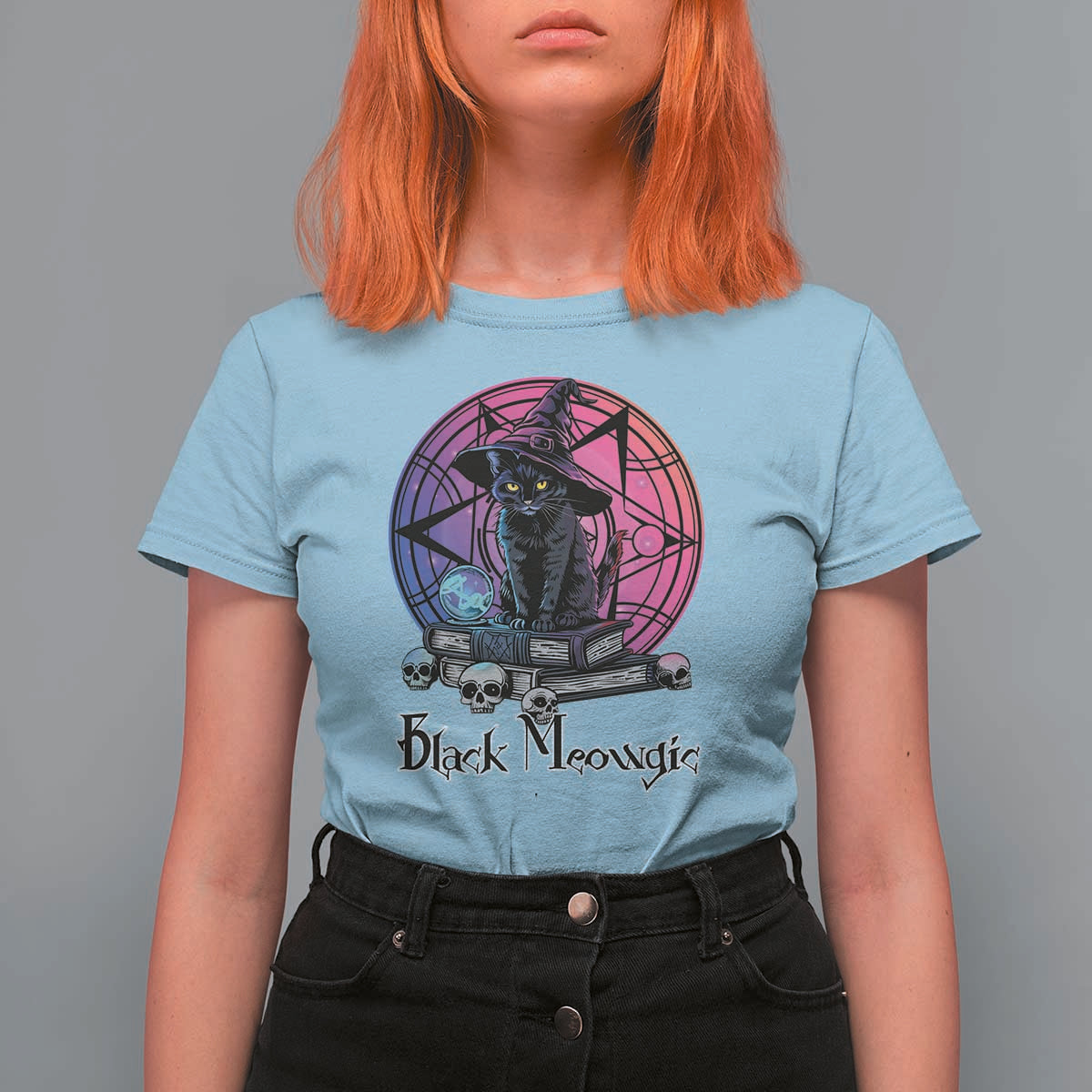 Cat Lover T Shirt For Women Black Meowgic Pentagram Witchcraft Magic - Wonder Print Shop
