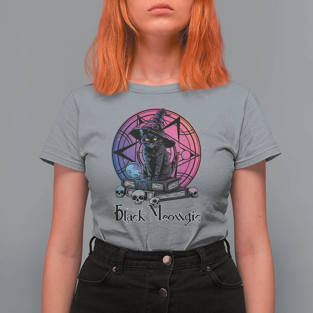 Cat Lover T Shirt For Women Black Meowgic Pentagram Witchcraft Magic - Wonder Print Shop