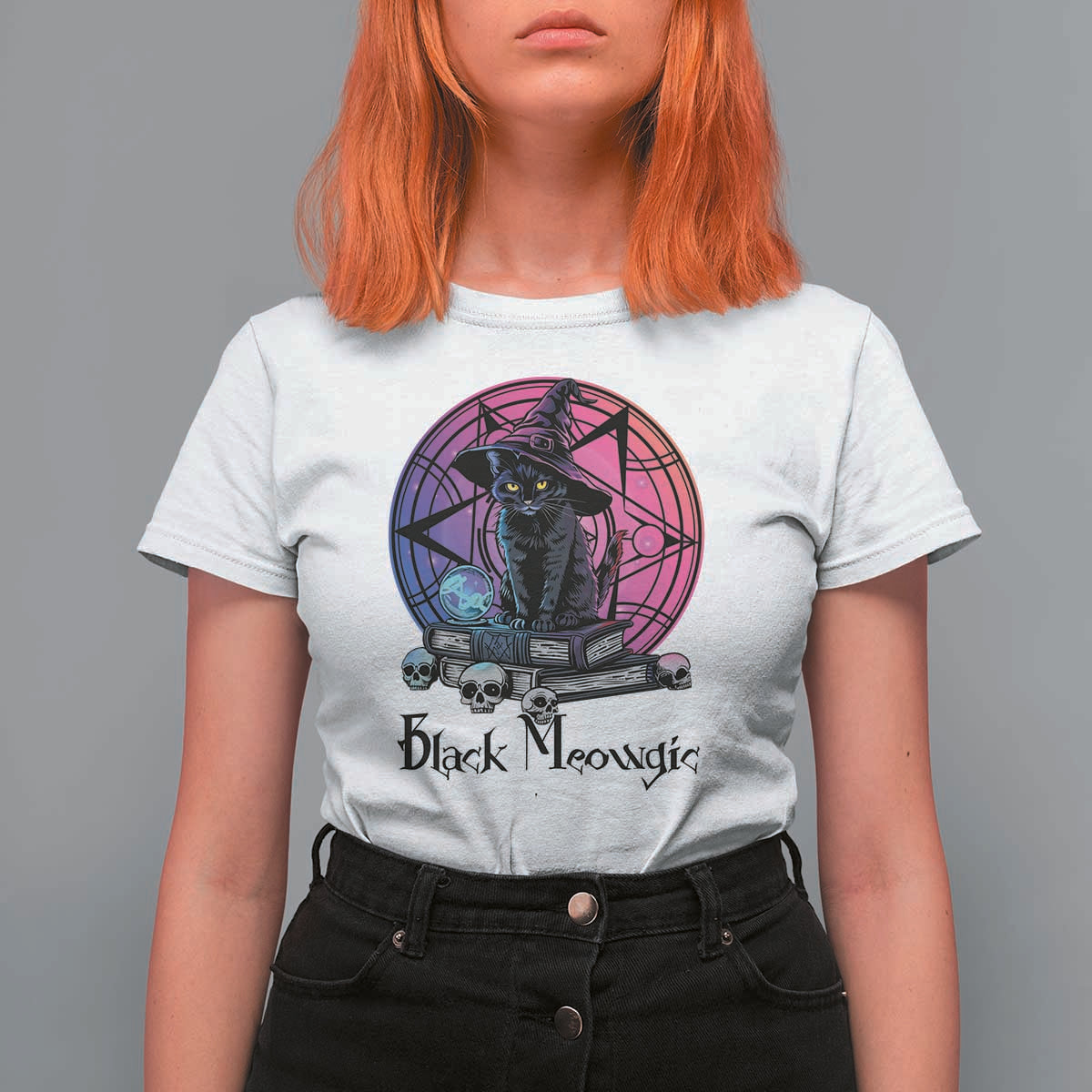 Cat Lover T Shirt For Women Black Meowgic Pentagram Witchcraft Magic - Wonder Print Shop