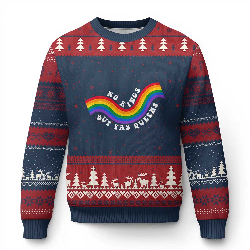 No Kings But Yas Queens LGBTQ Pride Retro Rainbow Ugly Christmas Sweater