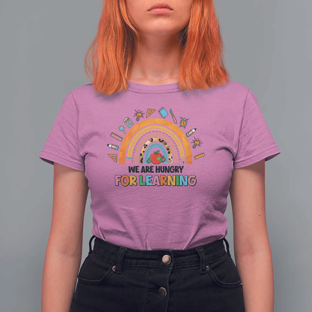 We Are Hungry For Learning T Shirt For Women Back To School Rainbow Caterpillar Apple - Wonder Print Shop