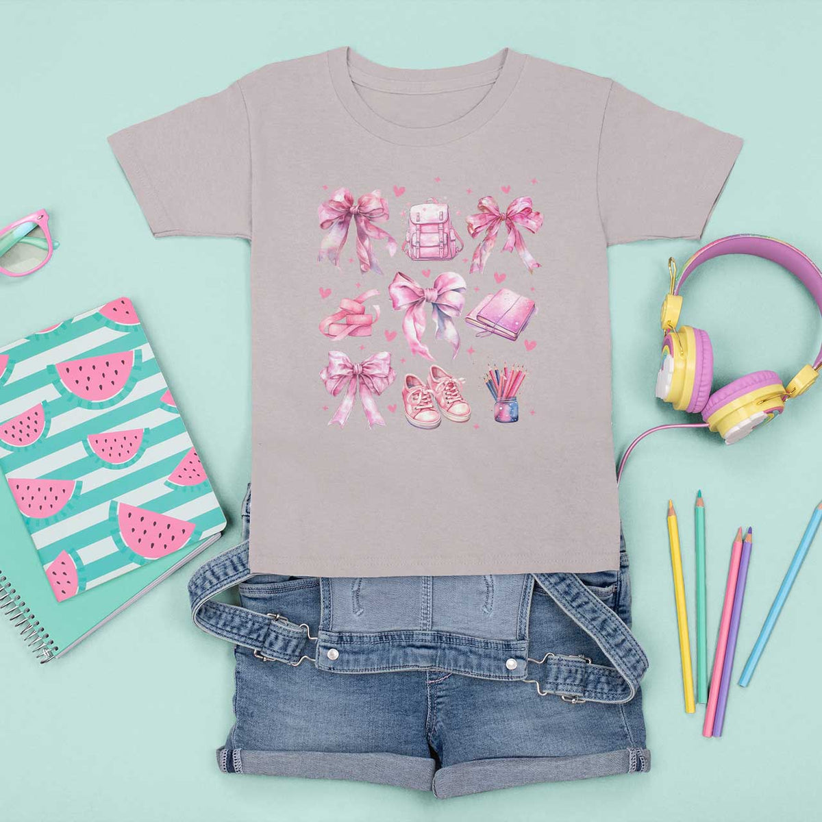 Coquette School T Shirt For Kid Pink Bow Heart Backpack Note Tape Pencil - Wonder Print Shop