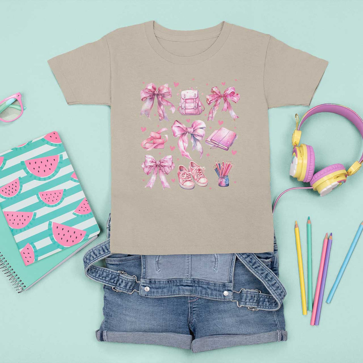 Coquette School T Shirt For Kid Pink Bow Heart Backpack Note Tape Pencil - Wonder Print Shop
