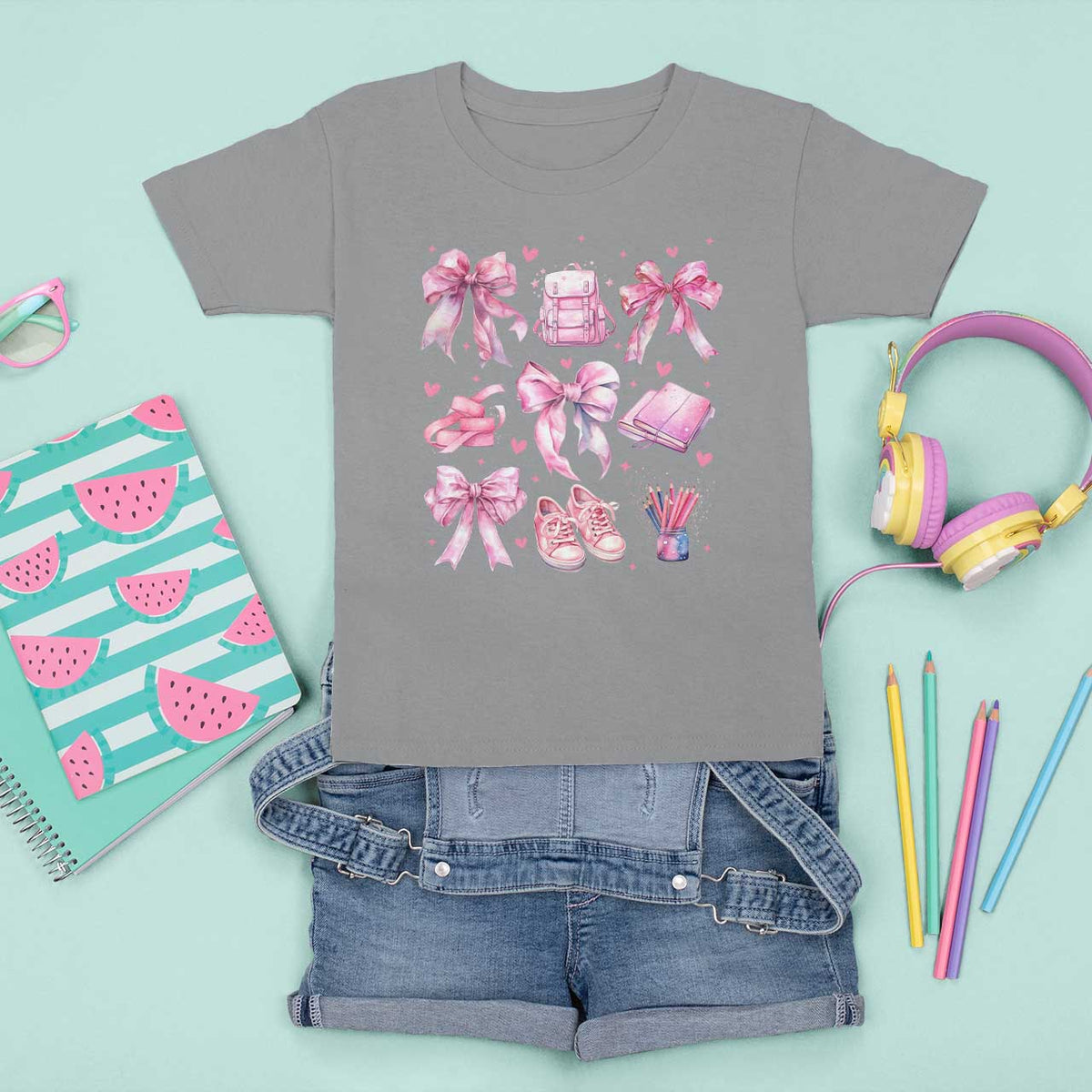 Coquette School T Shirt For Kid Pink Bow Heart Backpack Note Tape Pencil - Wonder Print Shop