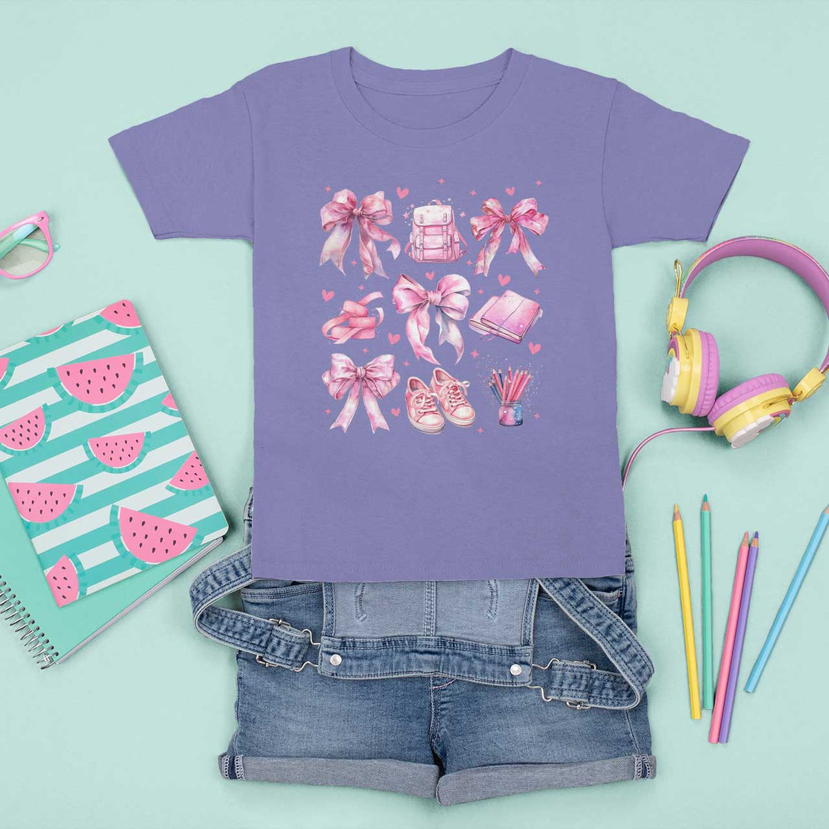 Coquette School T Shirt For Kid Pink Bow Heart Backpack Note Tape Pencil - Wonder Print Shop