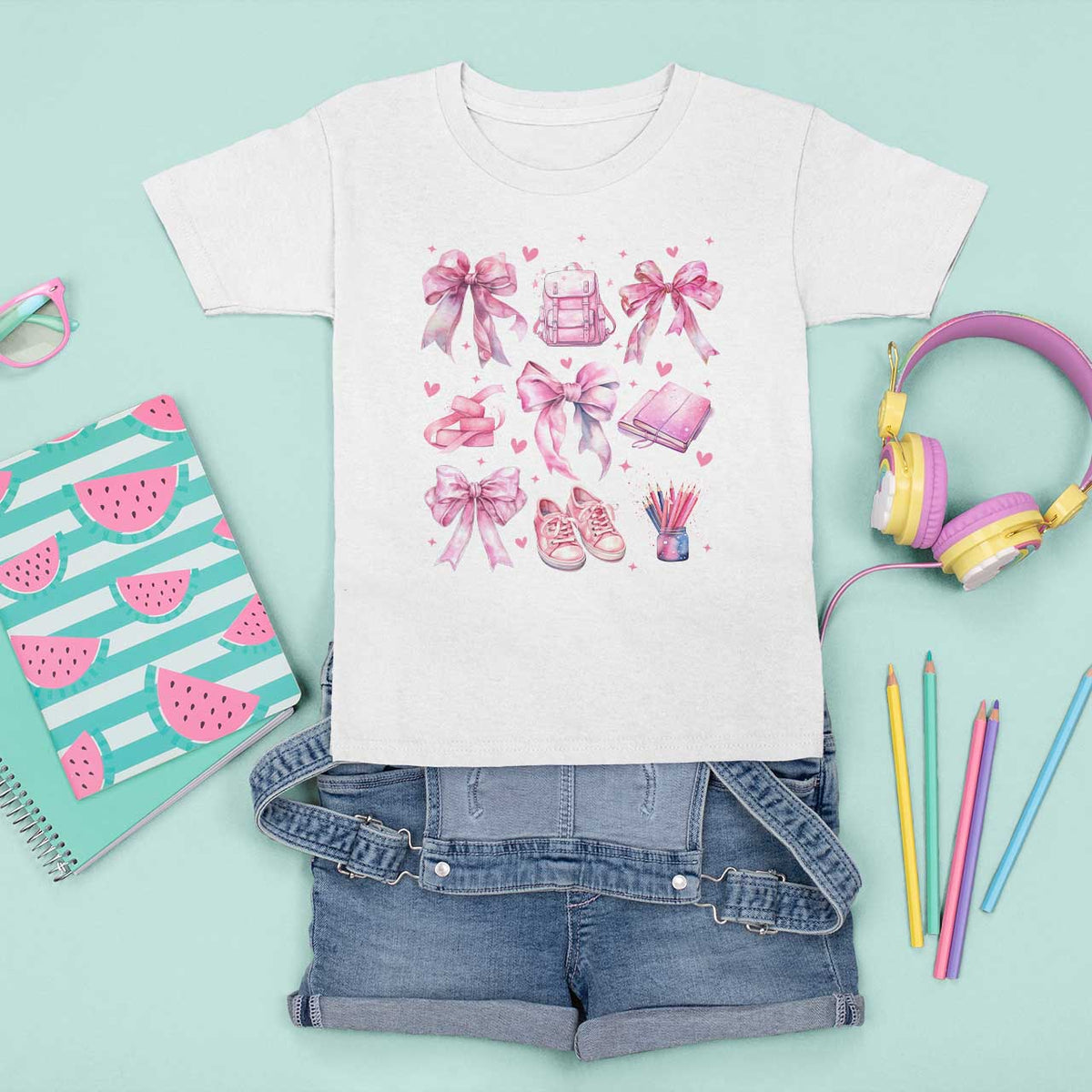 Coquette School T Shirt For Kid Pink Bow Heart Backpack Note Tape Pencil - Wonder Print Shop