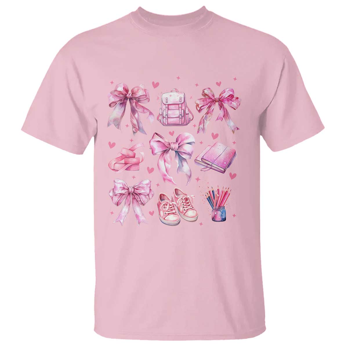 Coquette School T Shirt Pink Bow Heart Backpack Note Tape Pencil - Wonder Print Shop