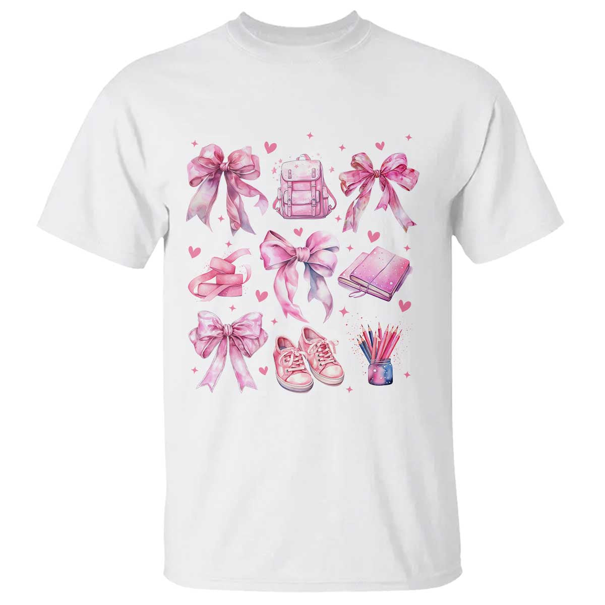 Coquette School T Shirt Pink Bow Heart Backpack Note Tape Pencil - Wonder Print Shop