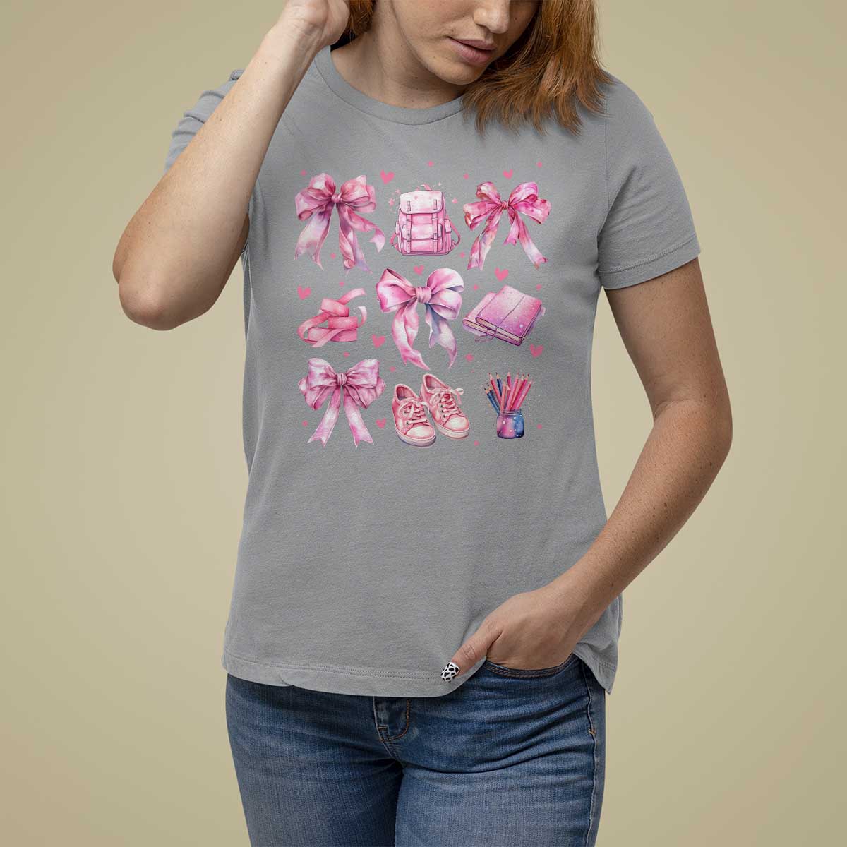 Coquette School T Shirt For Women Pink Bow Heart Backpack Note Tape Pencil - Wonder Print Shop