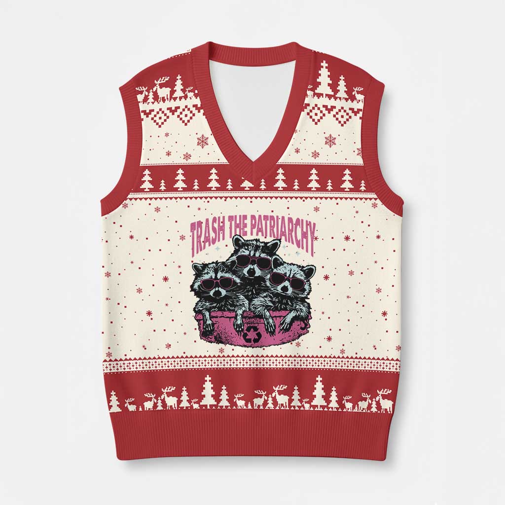 Funny Trash The Patriarchy V-Neck Knit Sweater Vest Feral Feminist Racoon - Wonder Print Shop