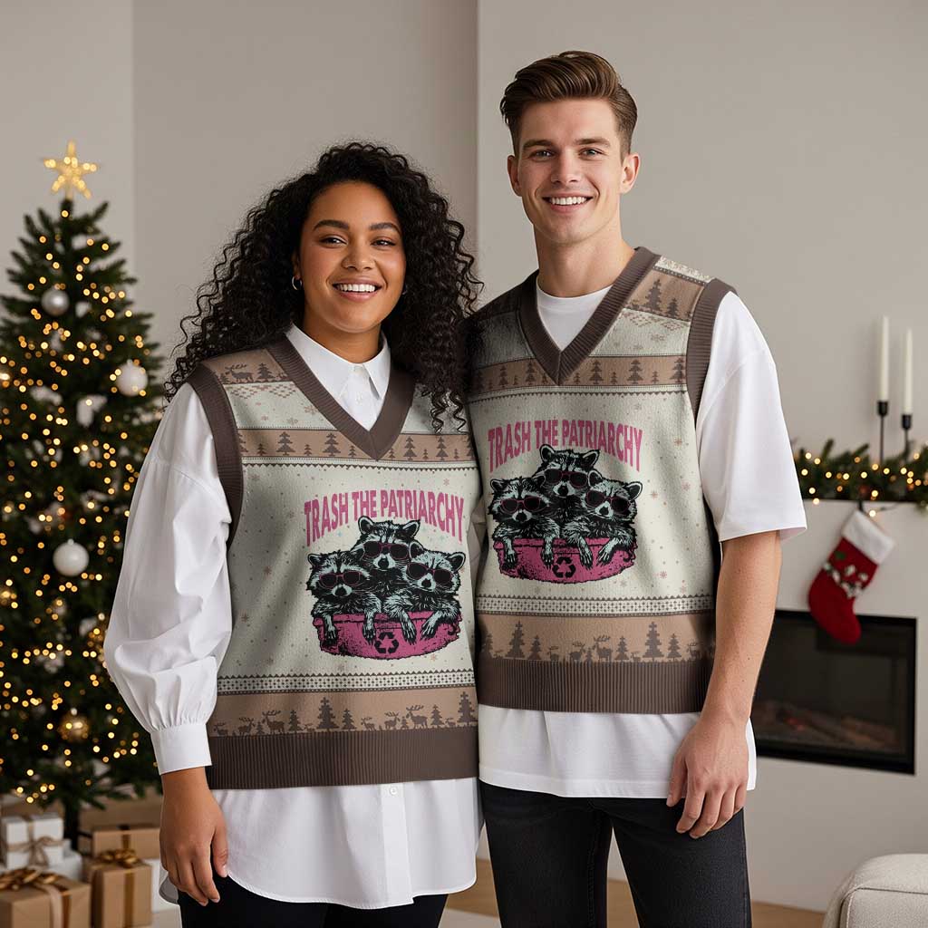 Funny Trash The Patriarchy V-Neck Knit Sweater Vest Feral Feminist Racoon - Wonder Print Shop