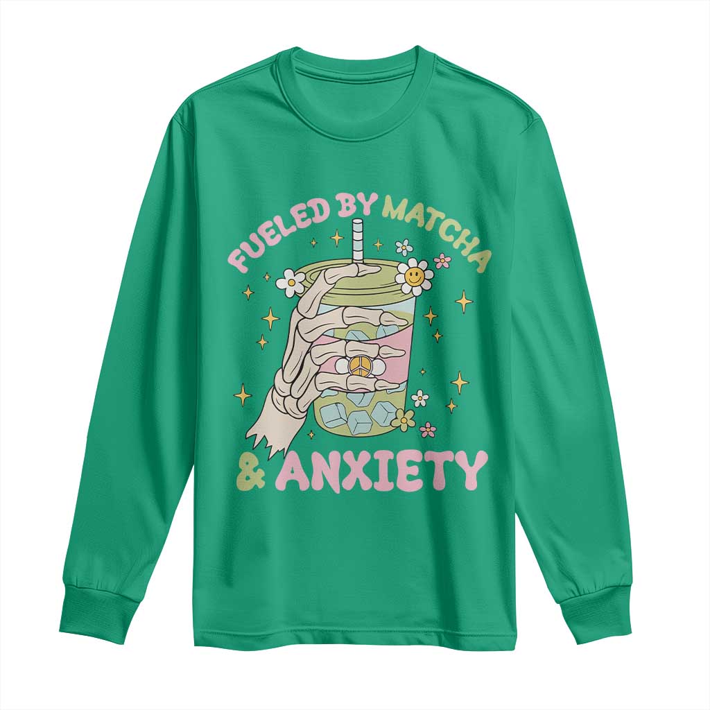 Funny Fueled By Matcha And Anxiety Long Sleeve Shirt Matcha Lover - Wonder Print Shop