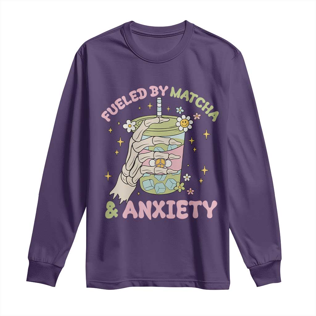 Funny Fueled By Matcha And Anxiety Long Sleeve Shirt Matcha Lover - Wonder Print Shop