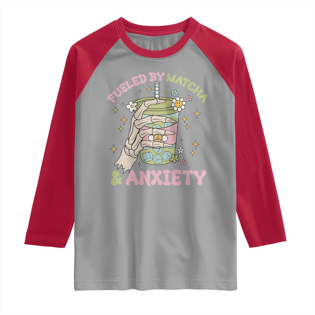 Funny Fueled By Matcha And Anxiety Raglan Shirt Matcha Lover - Wonder Print Shop