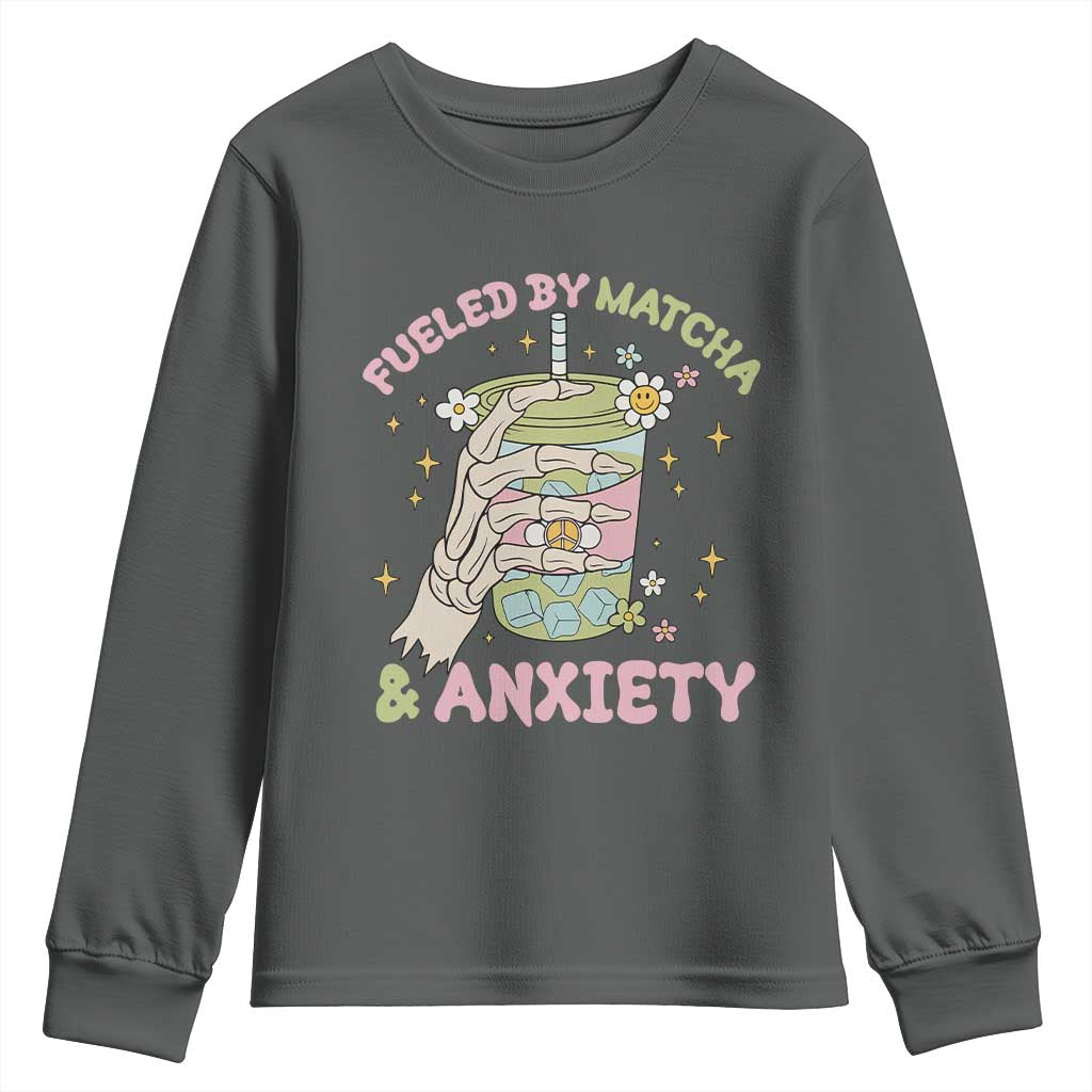 Funny Fueled By Matcha And Anxiety Youth Sweatshirt Matcha Lover - Wonder Print Shop