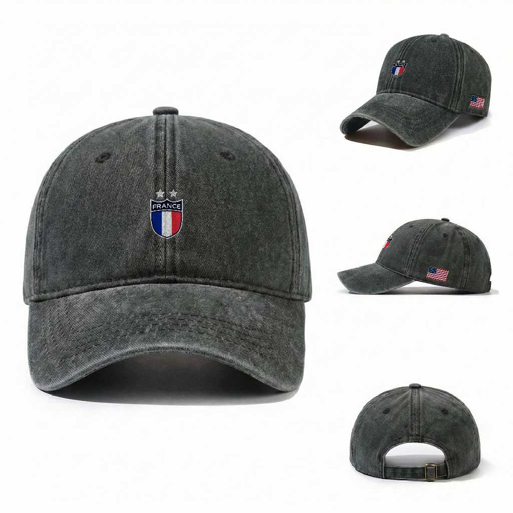 Vintage France Football Crest Two Stars French Flag Washed Cotton Baseball Cap
