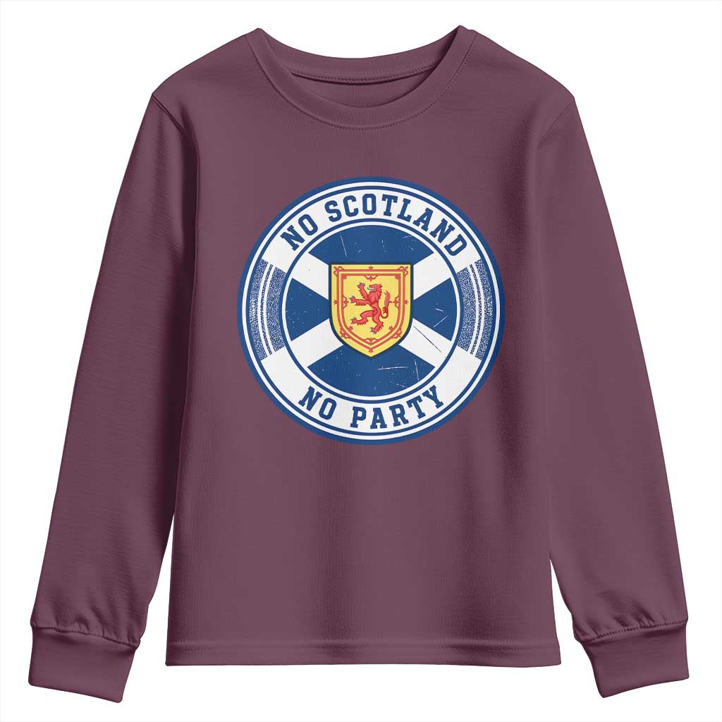No Scotland No Party Youth Sweatshirt Scottish Lion Rampant Crest Vintage Saltire Flag