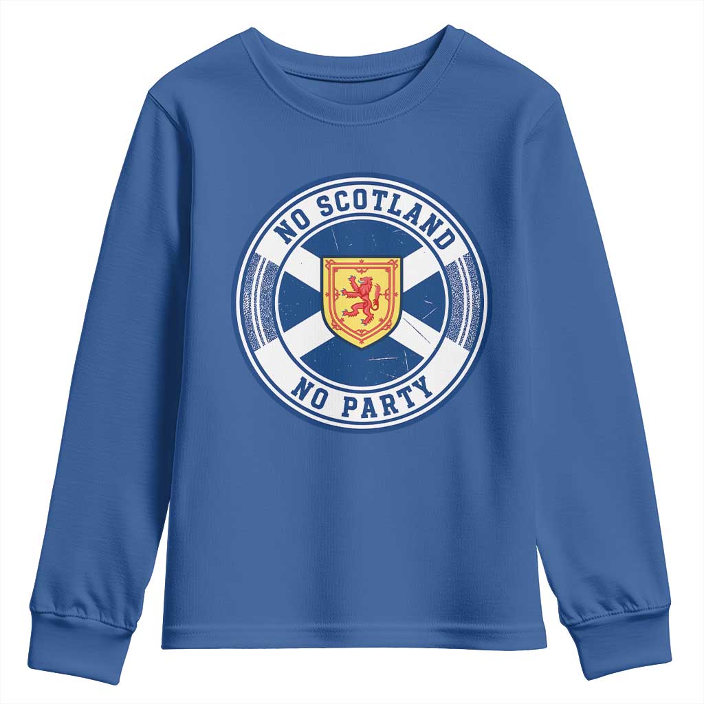 No Scotland No Party Youth Sweatshirt Scottish Lion Rampant Crest Vintage Saltire Flag