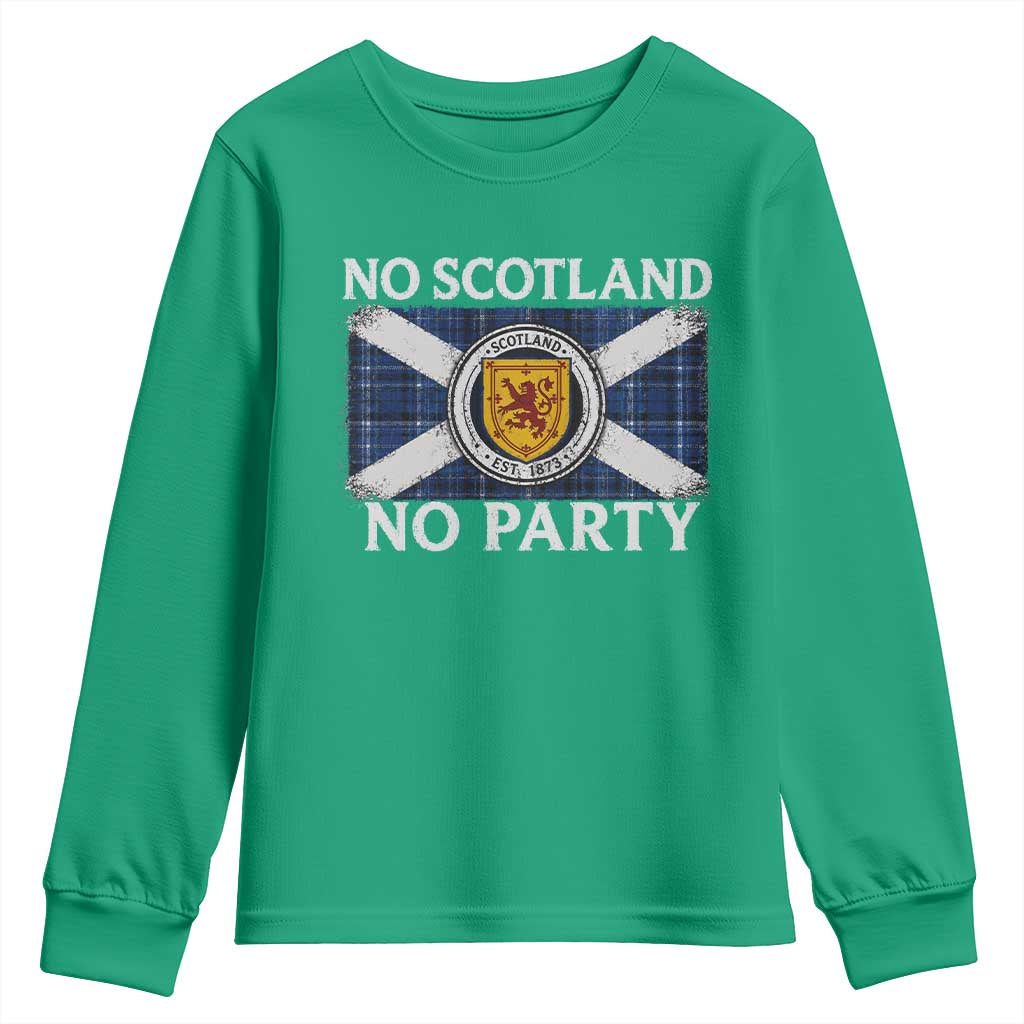 No Scotland No Party Youth Sweatshirt Lion Rampant Crest Scottish Tartan Flag