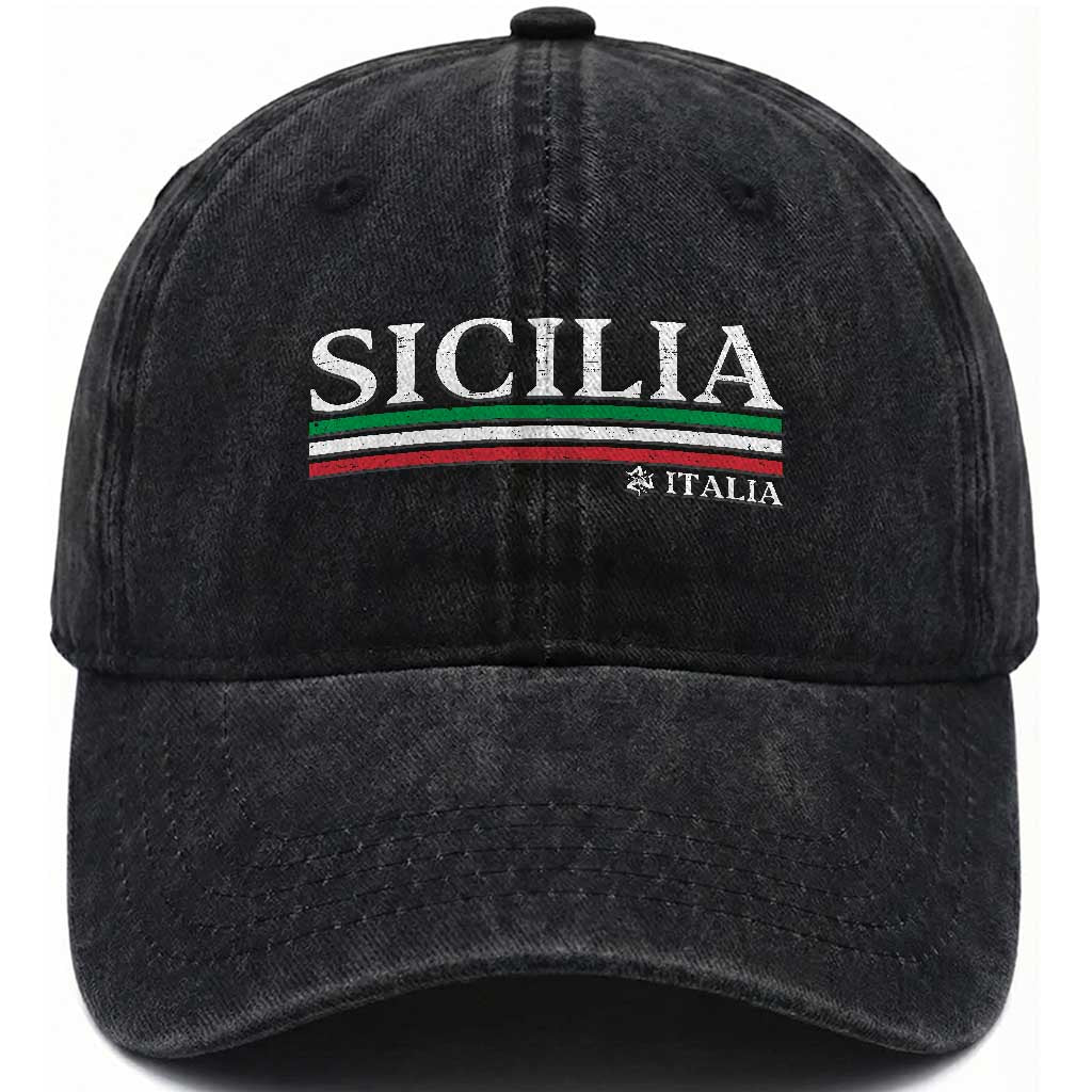 Sicily Sicilian Italian Flag Souvenirs Medusa Washed Cotton Baseball Cap