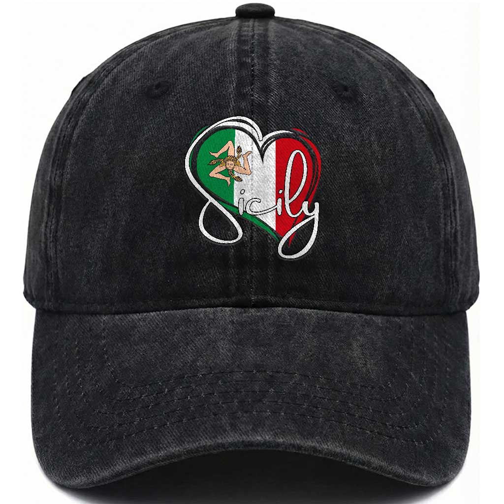 Sicily Palermo Italy Medusa Sicilia Heart Italian Flag Washed Cotton Baseball Cap