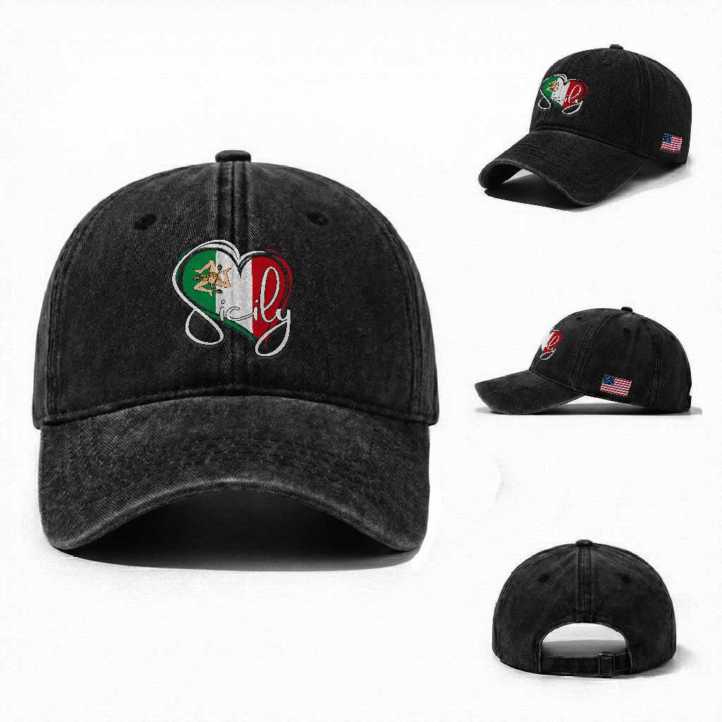 Sicily Palermo Italy Medusa Sicilia Heart Italian Flag Washed Cotton Baseball Cap