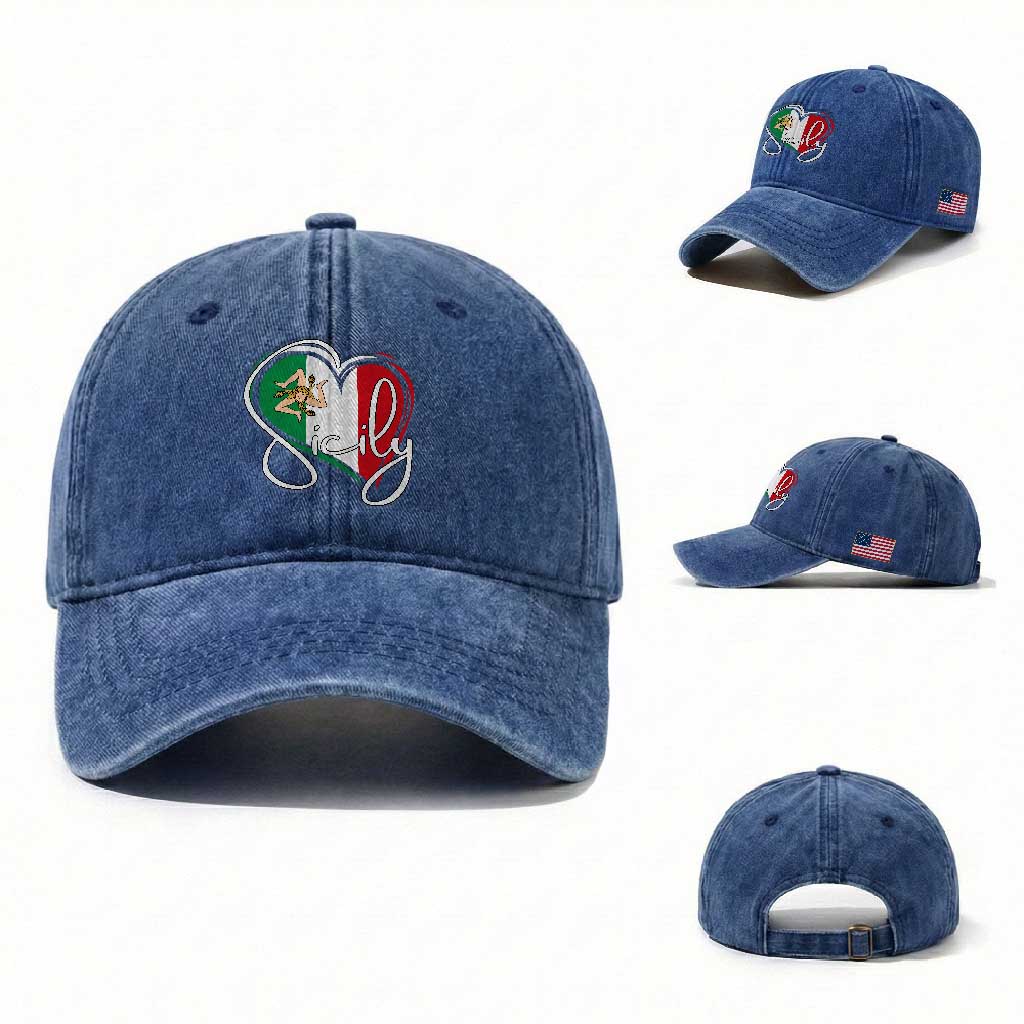 Sicily Palermo Italy Medusa Sicilia Heart Italian Flag Washed Cotton Baseball Cap