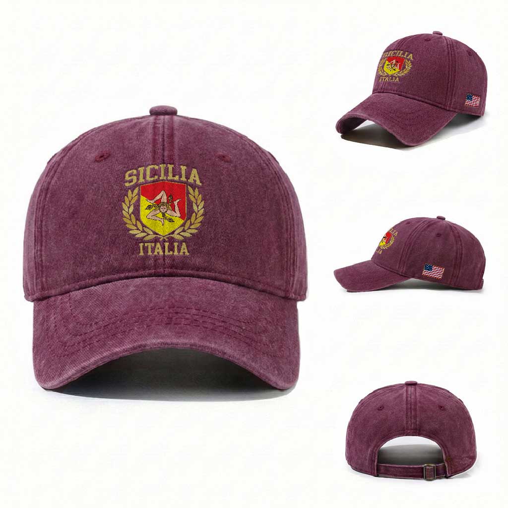 Sicilia Flag Sicily Palermo Italy Triskelion Washed Cotton Baseball Cap