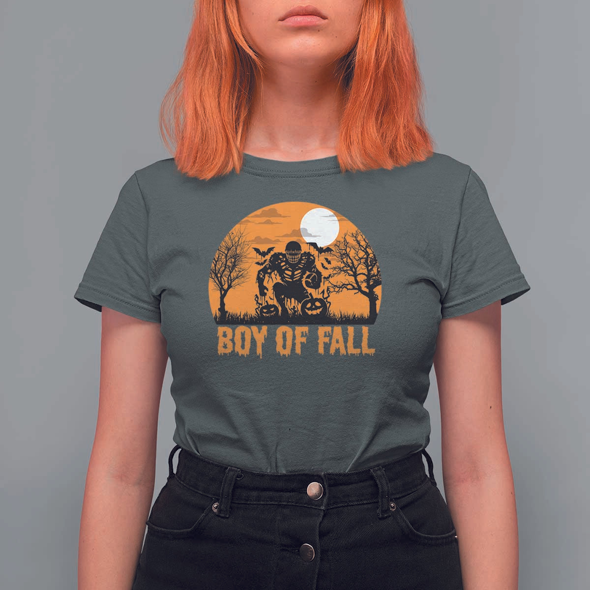 Funny Halloween Football T Shirt For Women Boy Of Fall American Football Player Zombie Pumpkin Bat - Wonder Print Shop