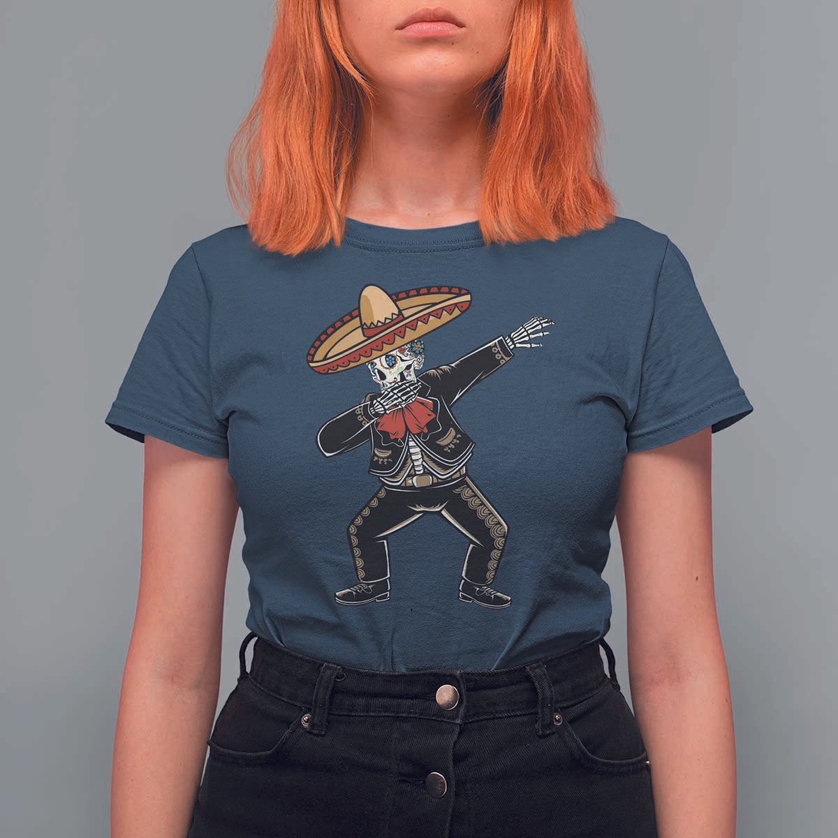 Day Of The Dead T Shirt For Women Dabbing Sugar Skull Skeleton Mariachi - Wonder Print Shop