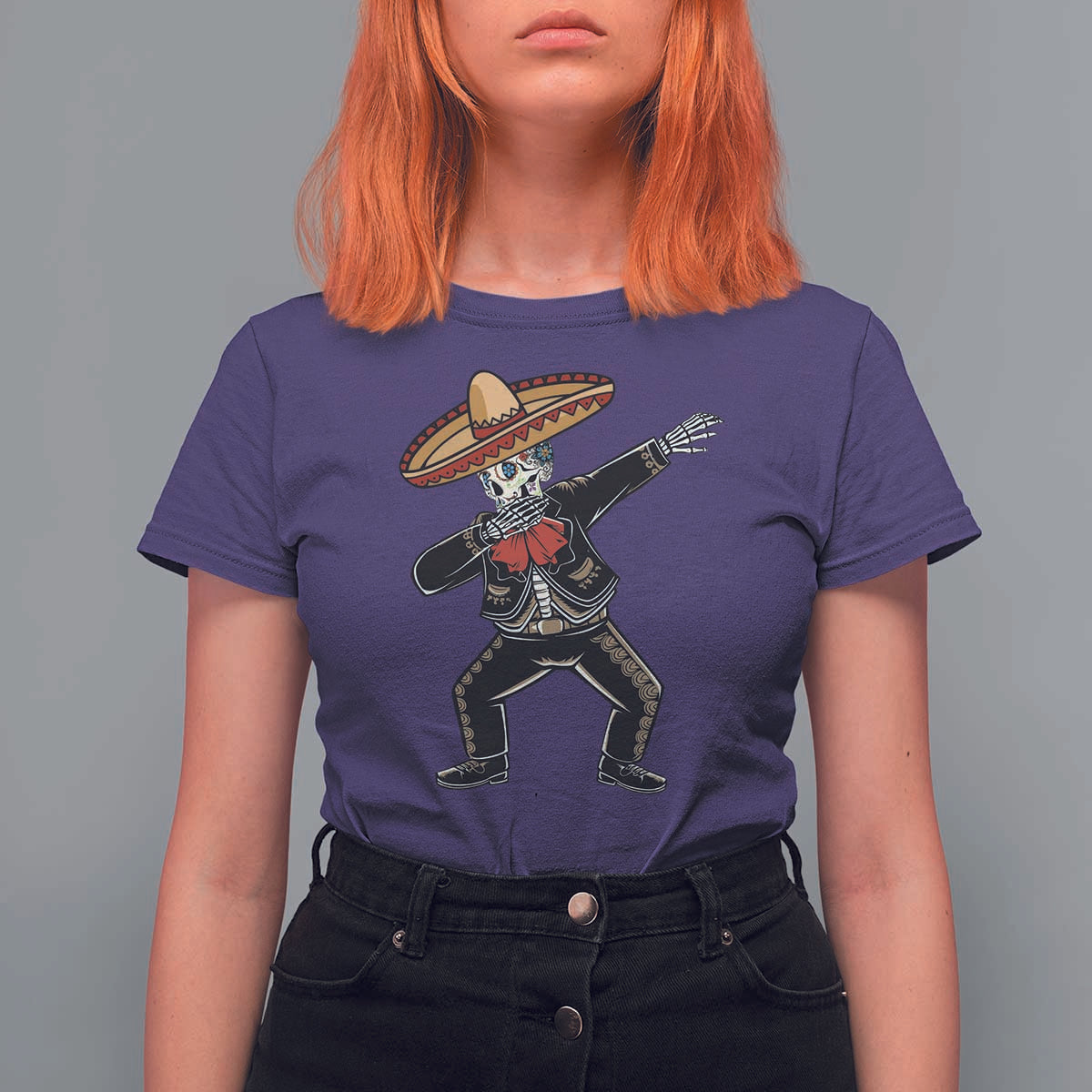 Day Of The Dead T Shirt For Women Dabbing Sugar Skull Skeleton Mariachi - Wonder Print Shop