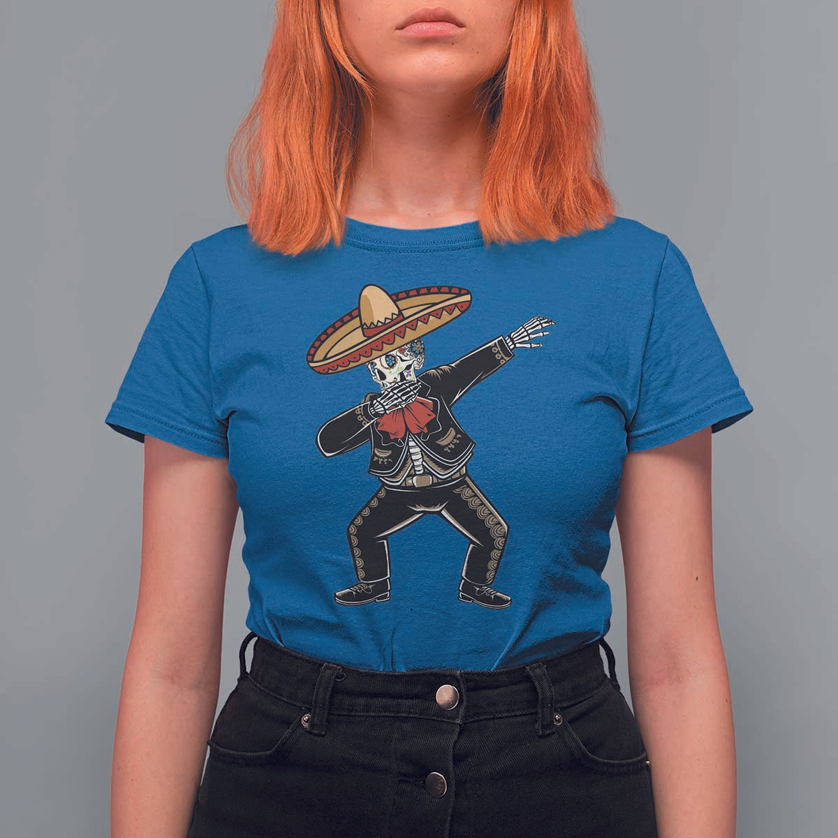 Day Of The Dead T Shirt For Women Dabbing Sugar Skull Skeleton Mariachi - Wonder Print Shop