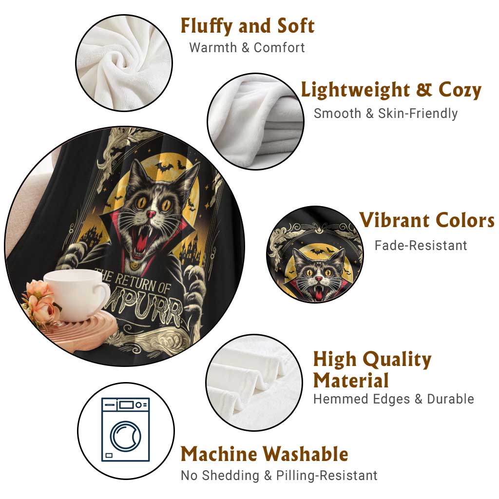 Funny Halloween Cat Throw Blanket The Return Of Vampurr Scary Vampire Moon Bat - Wonder Print Shop