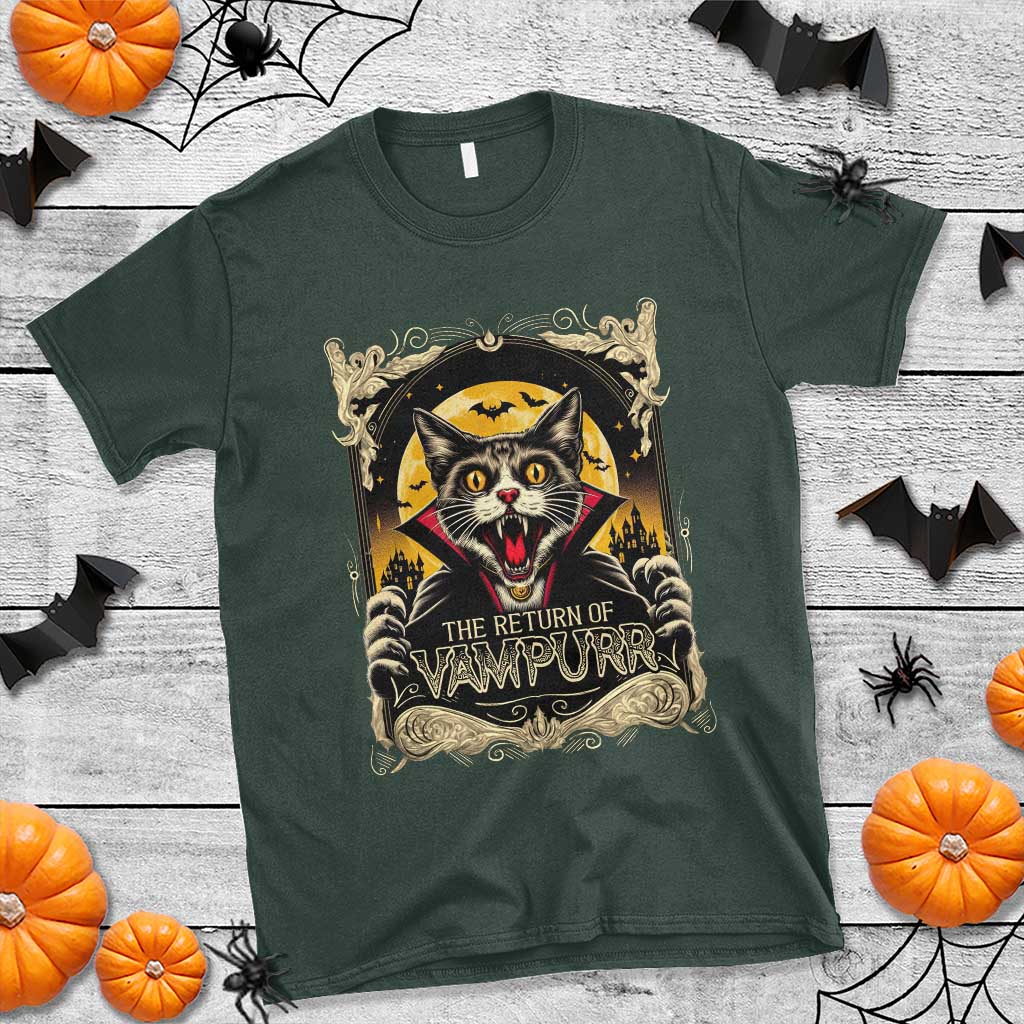 Funny Halloween Cat T Shirt The Return Of Vampurr Scary Vampire Moon Bat - Wonder Print Shop
