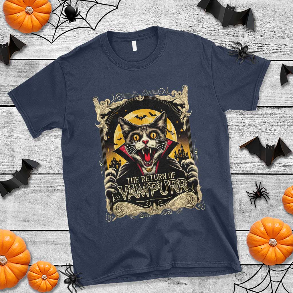 Funny Halloween Cat T Shirt The Return Of Vampurr Scary Vampire Moon Bat - Wonder Print Shop