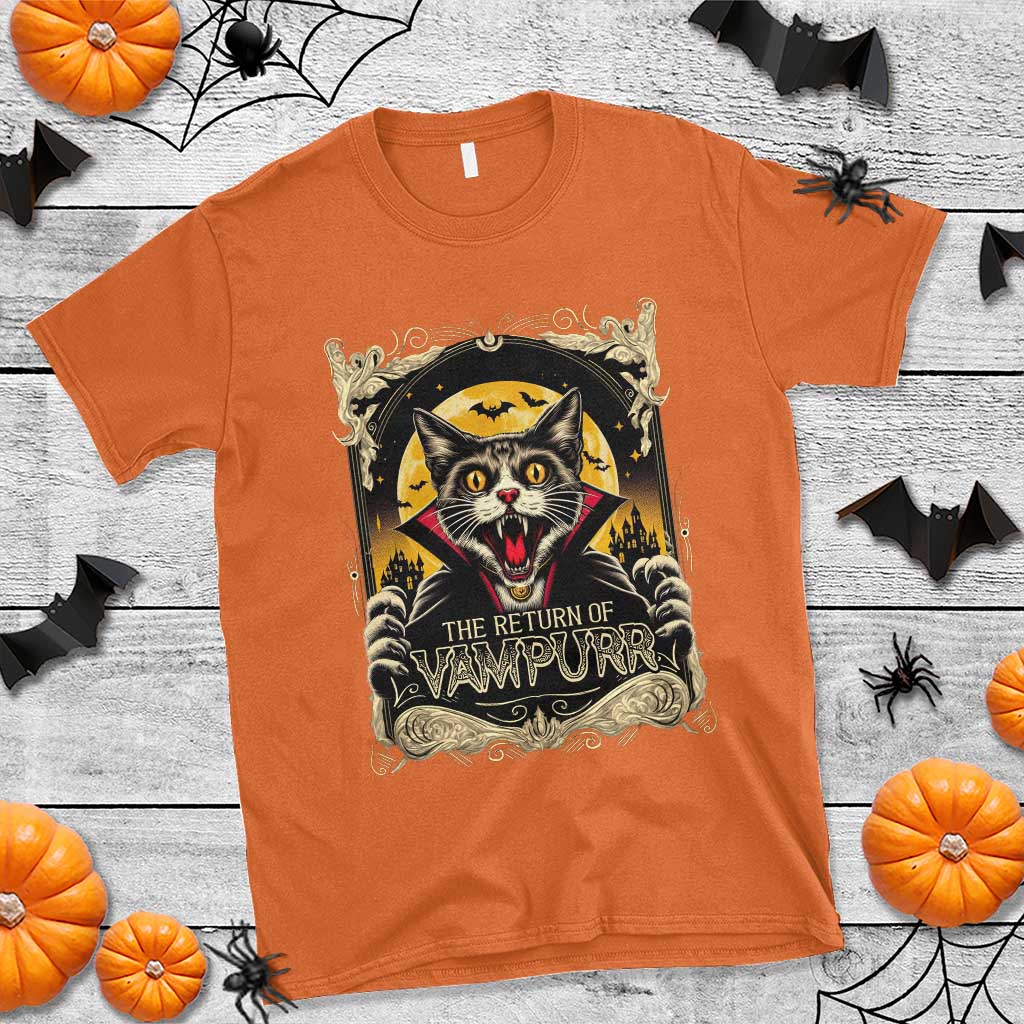 Funny Halloween Cat T Shirt The Return Of Vampurr Scary Vampire Moon Bat - Wonder Print Shop