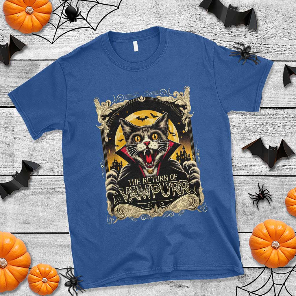 Funny Halloween Cat T Shirt The Return Of Vampurr Scary Vampire Moon Bat - Wonder Print Shop