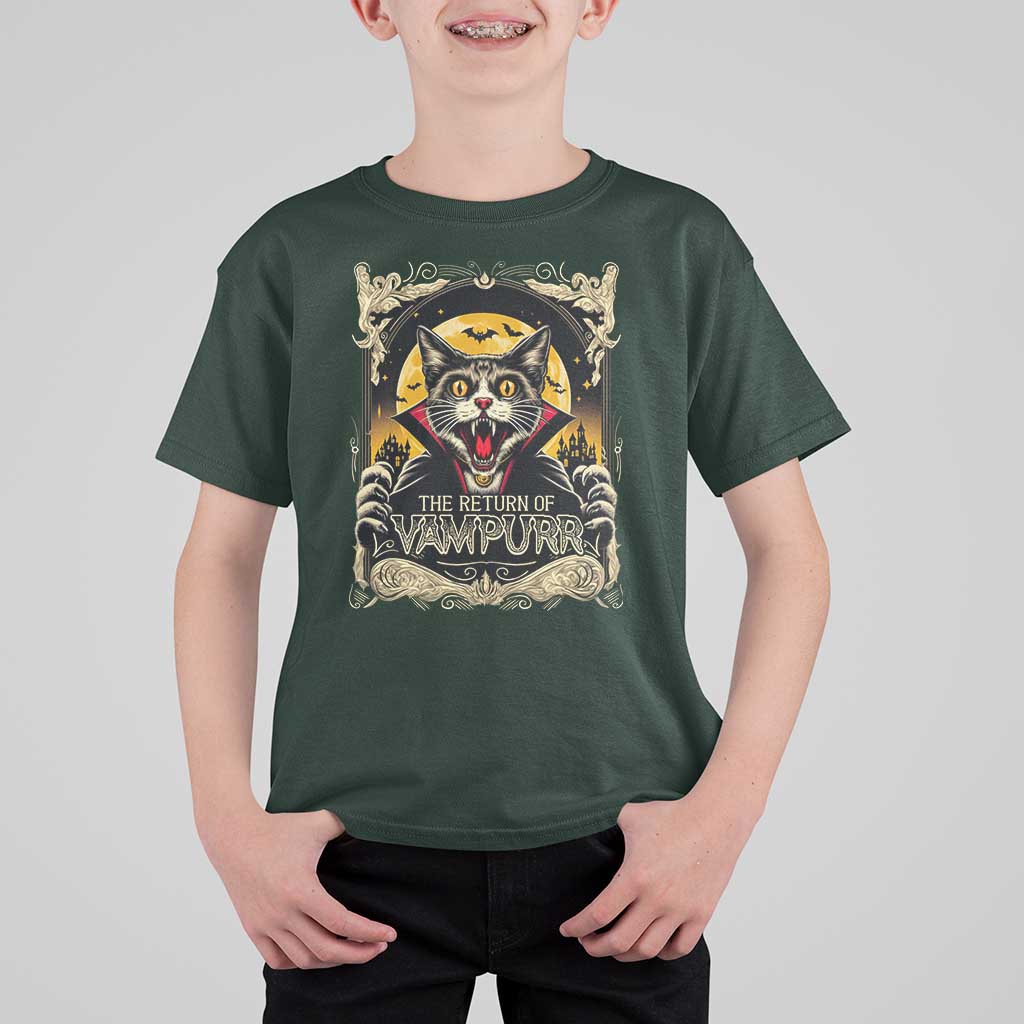 Funny Halloween Cat T Shirt For Kid The Return Of Vampurr Scary Vampire Moon Bat - Wonder Print Shop