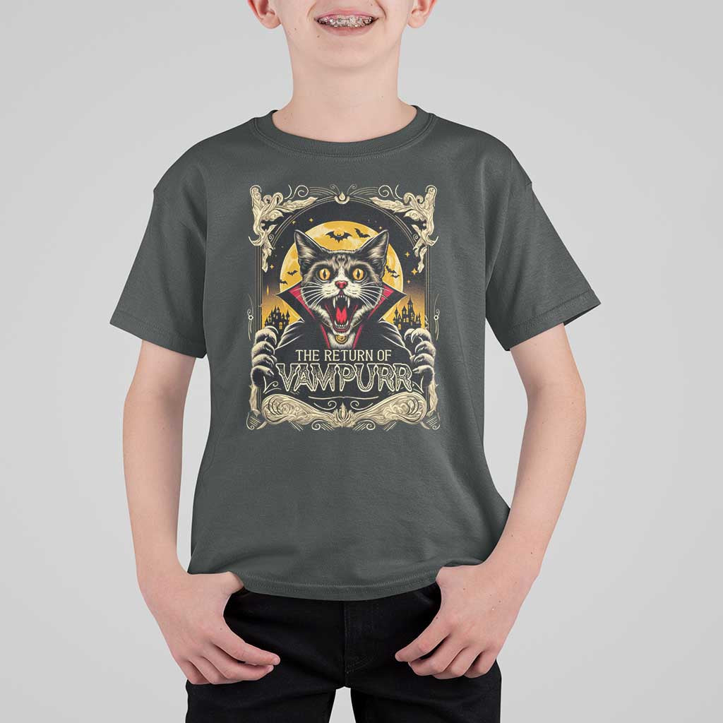 Funny Halloween Cat T Shirt For Kid The Return Of Vampurr Scary Vampire Moon Bat - Wonder Print Shop