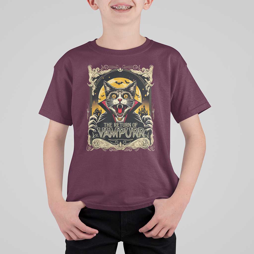 Funny Halloween Cat T Shirt For Kid The Return Of Vampurr Scary Vampire Moon Bat - Wonder Print Shop