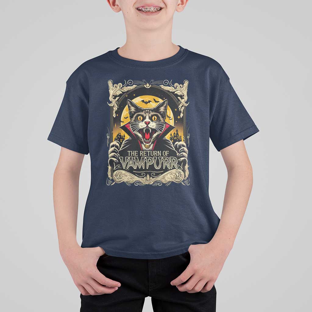 Funny Halloween Cat T Shirt For Kid The Return Of Vampurr Scary Vampire Moon Bat - Wonder Print Shop